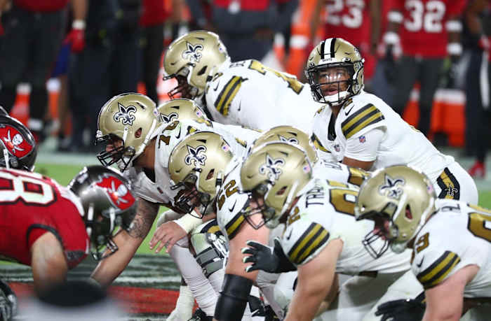 Nov 8, 2020; New Orleans Saints quarterback Jameis Winston (2) looks on against the Tampa Bay Buccaneers. Mandatory Credit: Kim Klement-USA TODAY